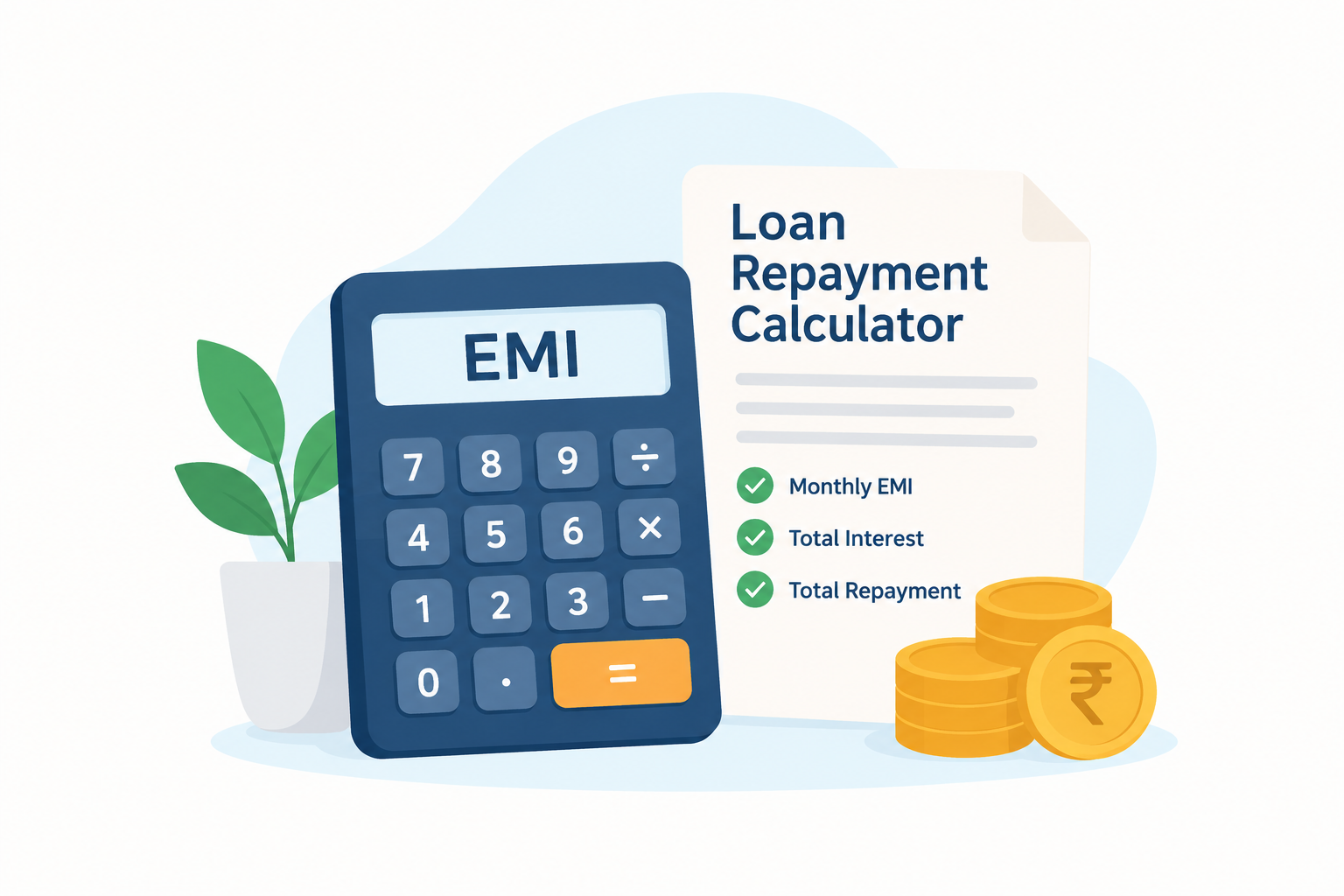 Loan repayment calculator showing monthly EMI, total interest, and total repayment with a calculator and rupee coins